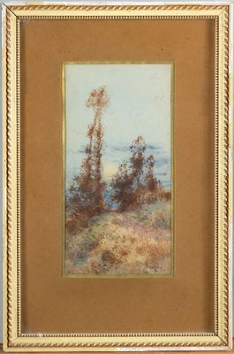 une image d'un tableau représentant un paysage avec des arbres au premier plan