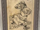 dessin représentant un homme à cheval dans un champ, avec un oiseau en arrière-plan