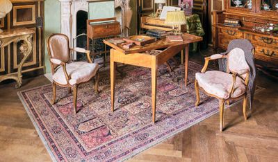 un salon avec une cheminée et un tapis au sol