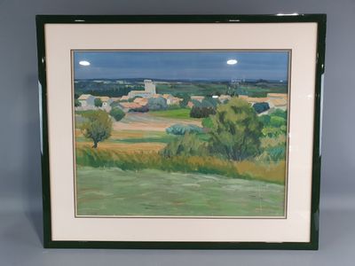 framed painting of a landscape with a full moon in the sky