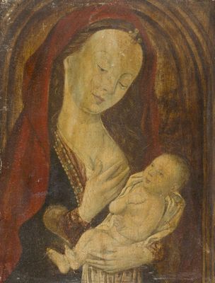 une peinture ancienne représentant une femme tenant un bébé dans ses bras