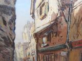 a painting of a city street with people walking down it