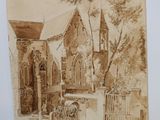 drawing of a church with a horse drawn carriage in front of it