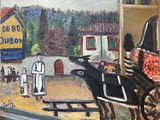 un tableau représentant un cheval tirant une calèche dans la rue