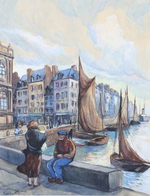 un tableau représentant un couple assis sur un rebord au bord de l'eau