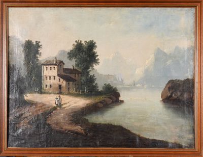 an old painting of a house by a river with a man walking on the shore
