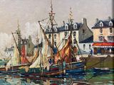 une peinture de bateaux dans un port avec des bâtiments à l'arrière-plan