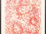 une peinture abstraite composée de lignes rouges et roses sur un fond beige