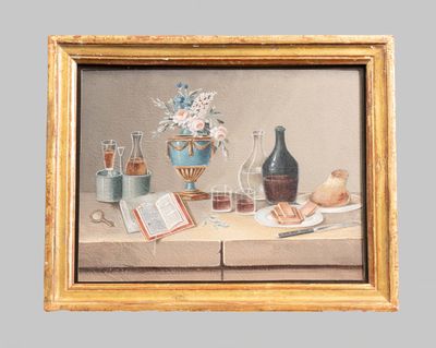 a painting of a still life with a book and a vase on a table