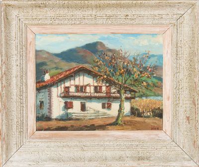 un tableau représentant une maison avec un arbre devant