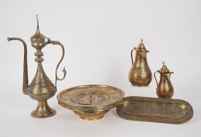 une image représentant un ensemble d'objets en laiton, comprenant une théière, un plateau et un plateau