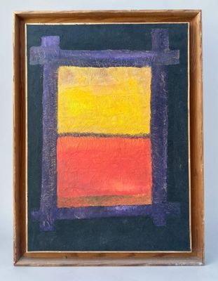 a painting of an orange, yellow, and purple square on a black background