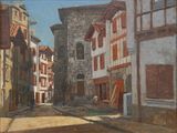 a painting of a street scene with buildings on both sides of the street