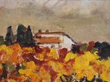 an oil painting of a house in the middle of a field of yellow flowers