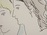 a drawing of a woman and a man looking at each other