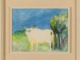 une peinture à l'huile représentant une vache blanche debout dans un champ