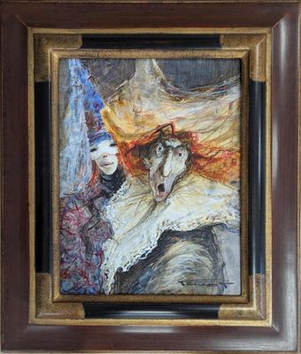 une peinture à l'huile représentant une femme en robe blanche et portant un masque