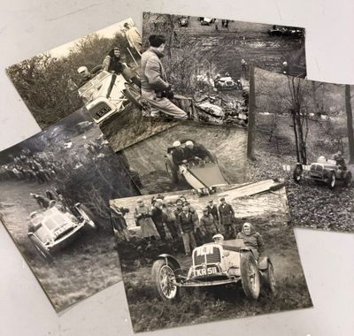 several old black and white photos of people and cars