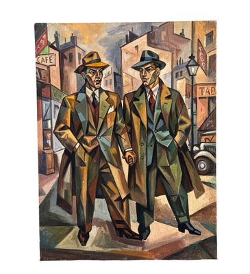 tableau représentant deux hommes en manteau et chapeau marchant dans une rue