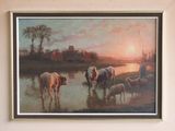 a picture of a painting of a herd of cattle