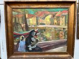 un tableau représentant une femme assise sur un bateau dans un port