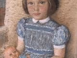 painting of a little girl holding a doll in a blue dress
