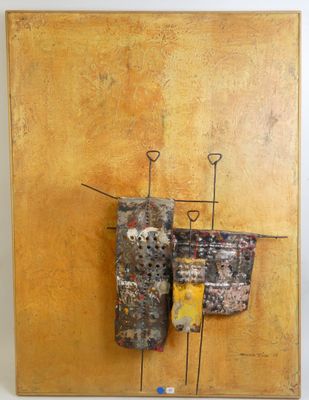 painting of a painting of a couple of people on a yellow background