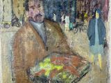 an oil painting of a man holding a box of fruit