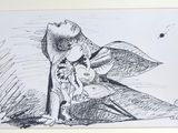 a drawing of a woman sitting on the ground with a umbrella