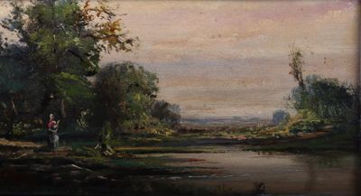 tableau représentant un homme debout au bord d'une rivière, avec des arbres en arrière-plan