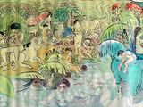 un tableau représentant un groupe de personnes à cheval dans l'eau