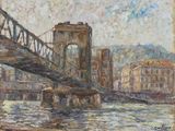 peinture d'un pont sur une rivière avec des bâtiments en arrière-plan