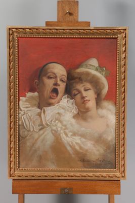 portrait of a man and a woman on an easel with a red background