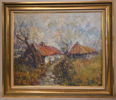 une peinture à l'huile représentant une scène de vie à la ferme, traversée par un ruisseau
