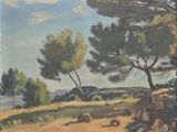 an image of a painting of a landscape with trees and rocks