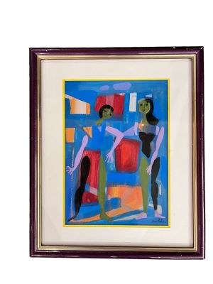 tableau représentant deux femmes dans une pièce bleue rehaussée de touches de rouge et de jaune