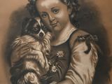 painting of a young girl holding a dog in her arms