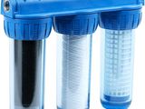 a close up of three blue water filters on a white background