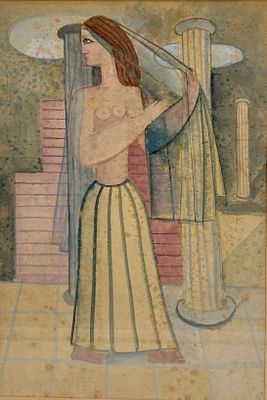 un vieux tableau représentant une femme tenant un voile au-dessus de sa tête