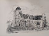 pencil drawing of a church with a steeple and a steeple at the top