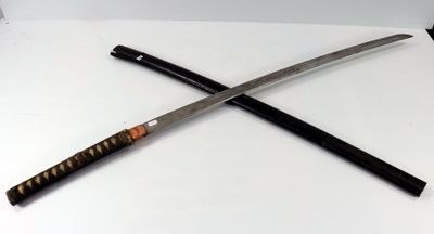 two swords on a white surface with a black handle