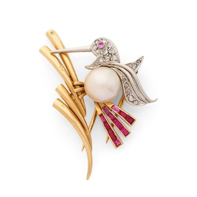 BROCHE ornée d'un oiseau stylisé avec une perle blanche (non…