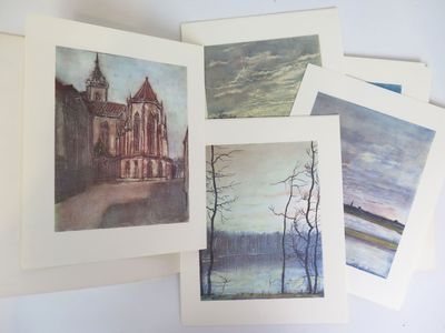 four cards with watercolor paintings of a church and trees