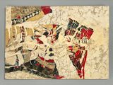peinture abstraite représentant un homme avec un cerf-volant sur fond beige