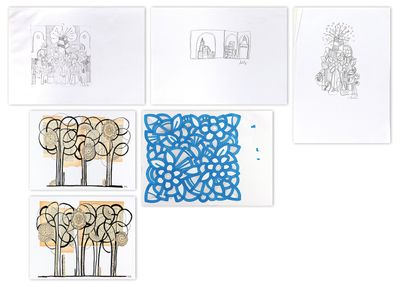 quatre cartes sur lesquelles sont dessinés des arbres, sur un fond blanc