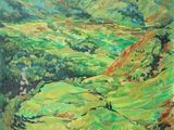 une peinture à l'huile représentant un paysage verdoyant avec des montagnes en arrière-plan