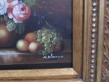 a painting of flowers and fruit in a vase on a table
