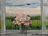 a painting of a vase of flowers in front of a window