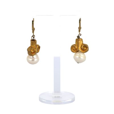 gold plated earrings with white pearls and a flower