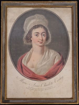 a painting of a woman in a white hat and red shawl